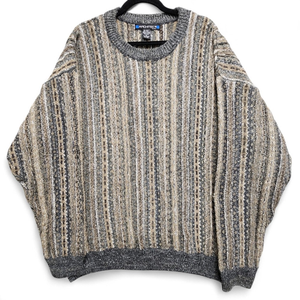 Architect Sweater‎ Mens XL (Fits as Large) 3D Knit Coogi Style 90s Acrylic Wool